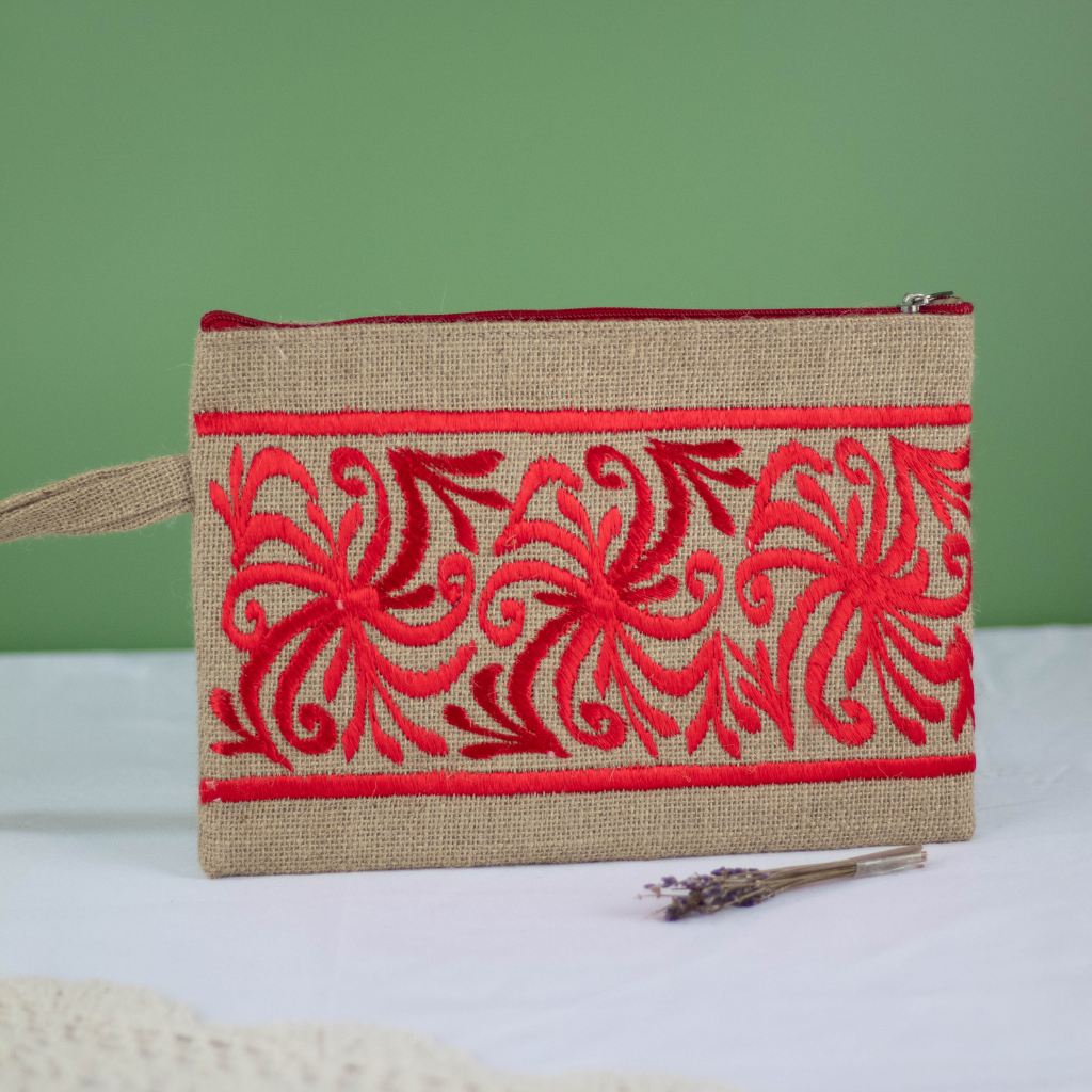 Moroccan Hand-Embroidered Hessian Clutch, Red