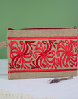 Moroccan Hand-Embroidered Hessian Clutch, Red