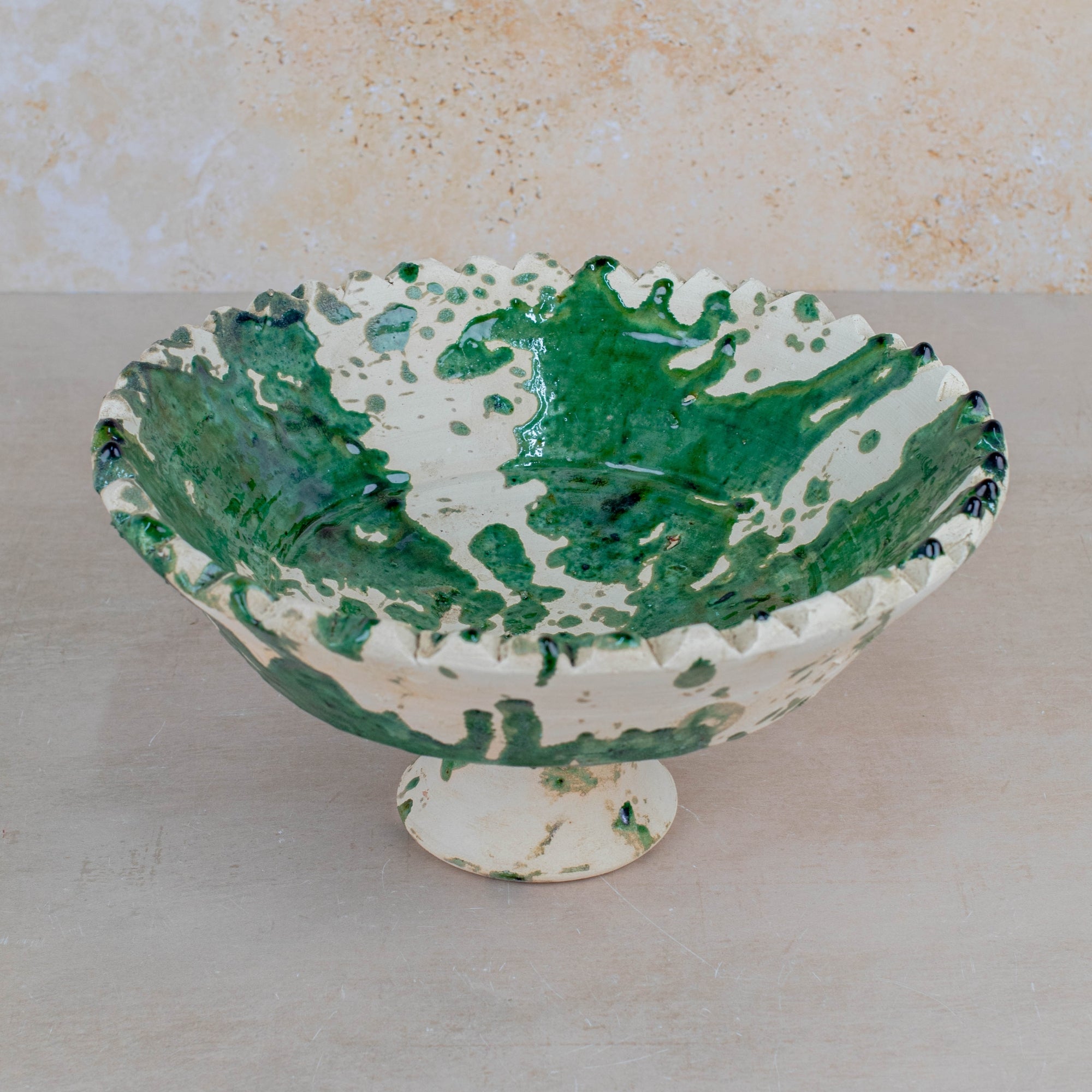 Handmade Tamegroute Bowl - Green (Half-Glazed Splatter)