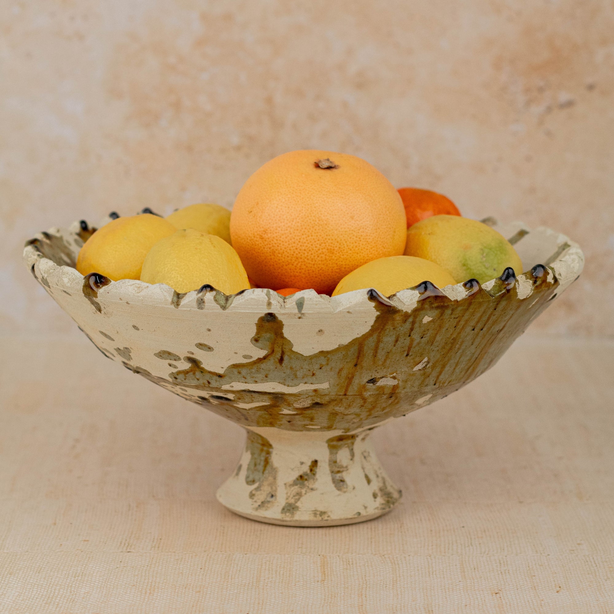 Handmade Tamegroute Pedestal Bowl - Ochre (Half-Glazed Splatter)