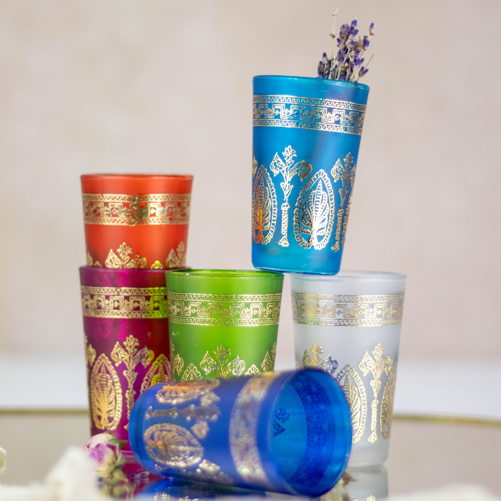 Moroccan Tea Glasses Multi Coloured Frosted Glass Set of 6