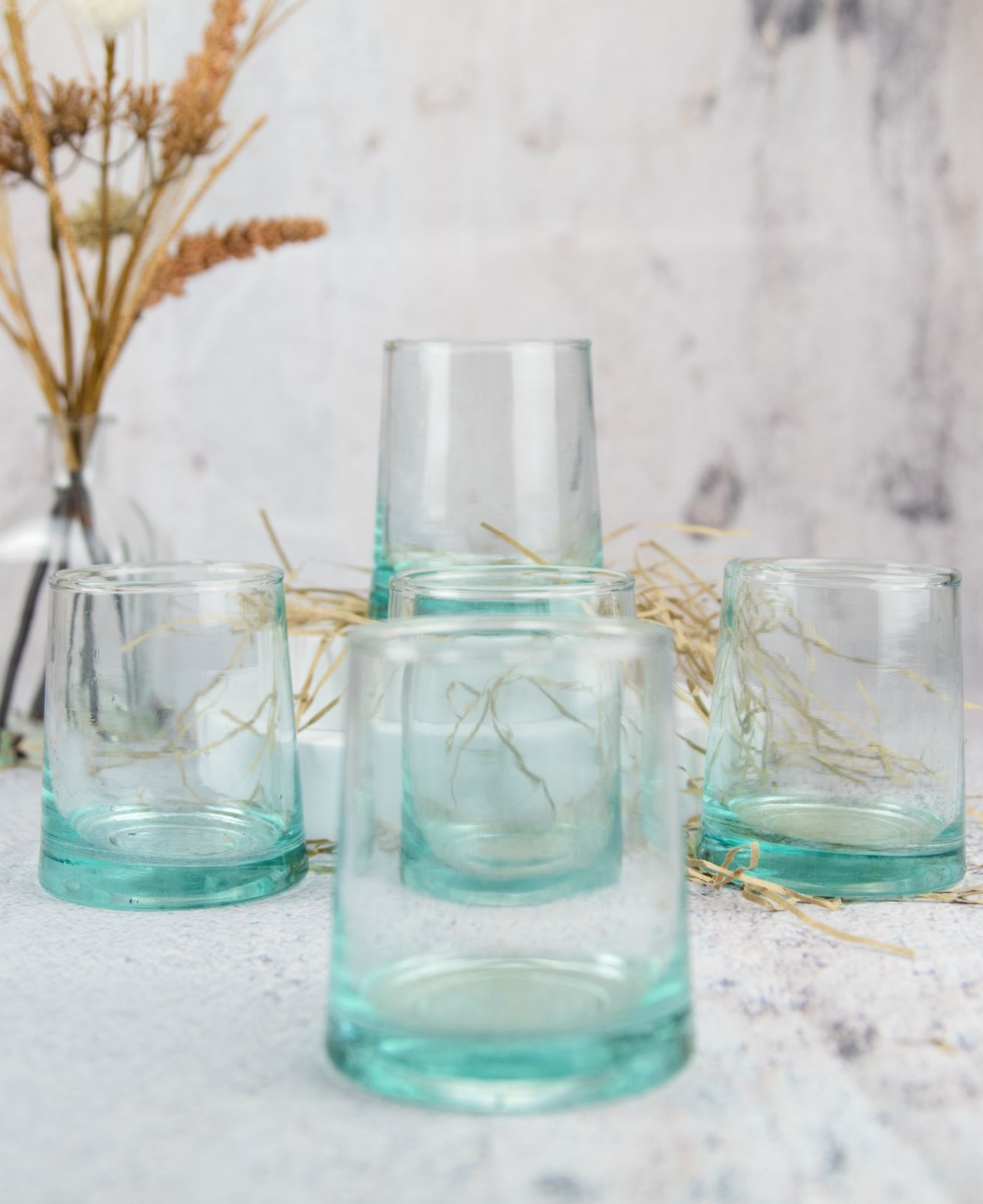 Set of 4 Recycled Moroccan Sustainable Tumbler Highball Glass - Handmade Beldi Handblown Clear Glass 