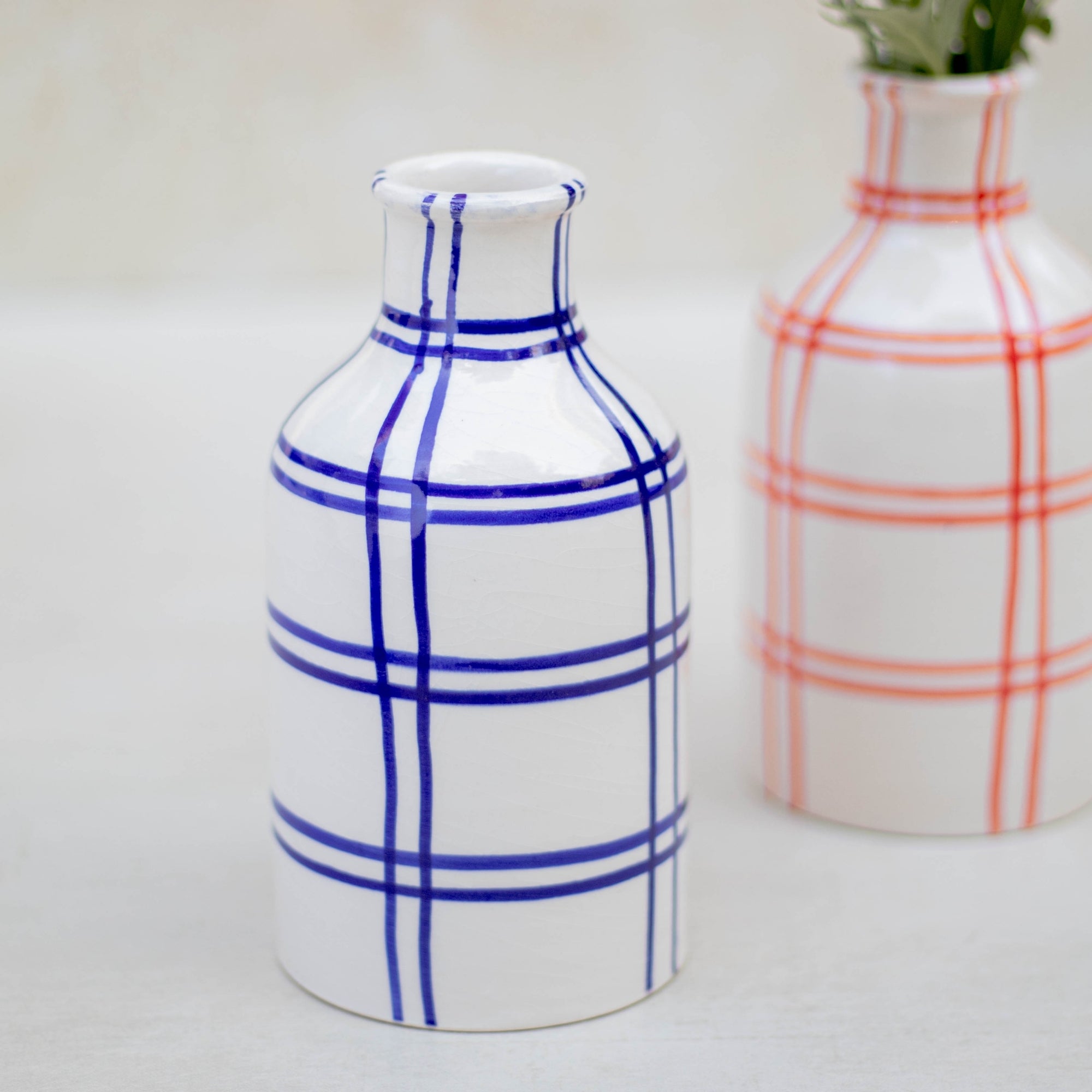 Handmade Checkered Ceramic Vase - Blue
