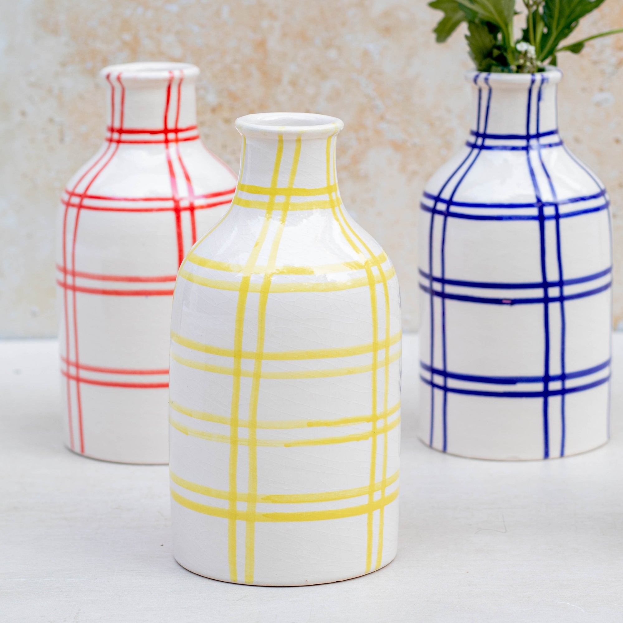 Yellow Checkered Ceramic Vase | Handmade Moroccan Pottery