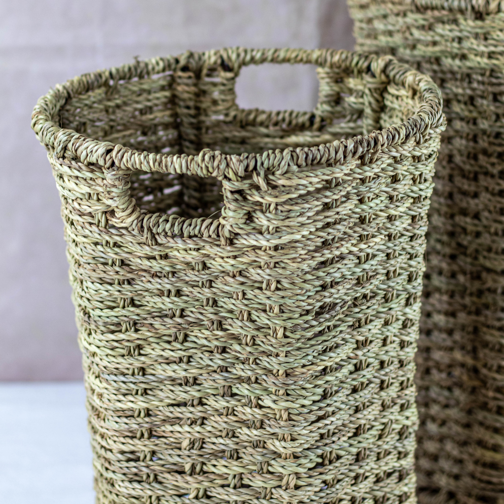 Handcrafted Wicker and Palm Leaf Bin Basket - Laundry, Bathroom, Office Storage Organisation Basket