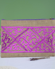 Moroccan Hand-Embroidered Hessian Clutch, Purple