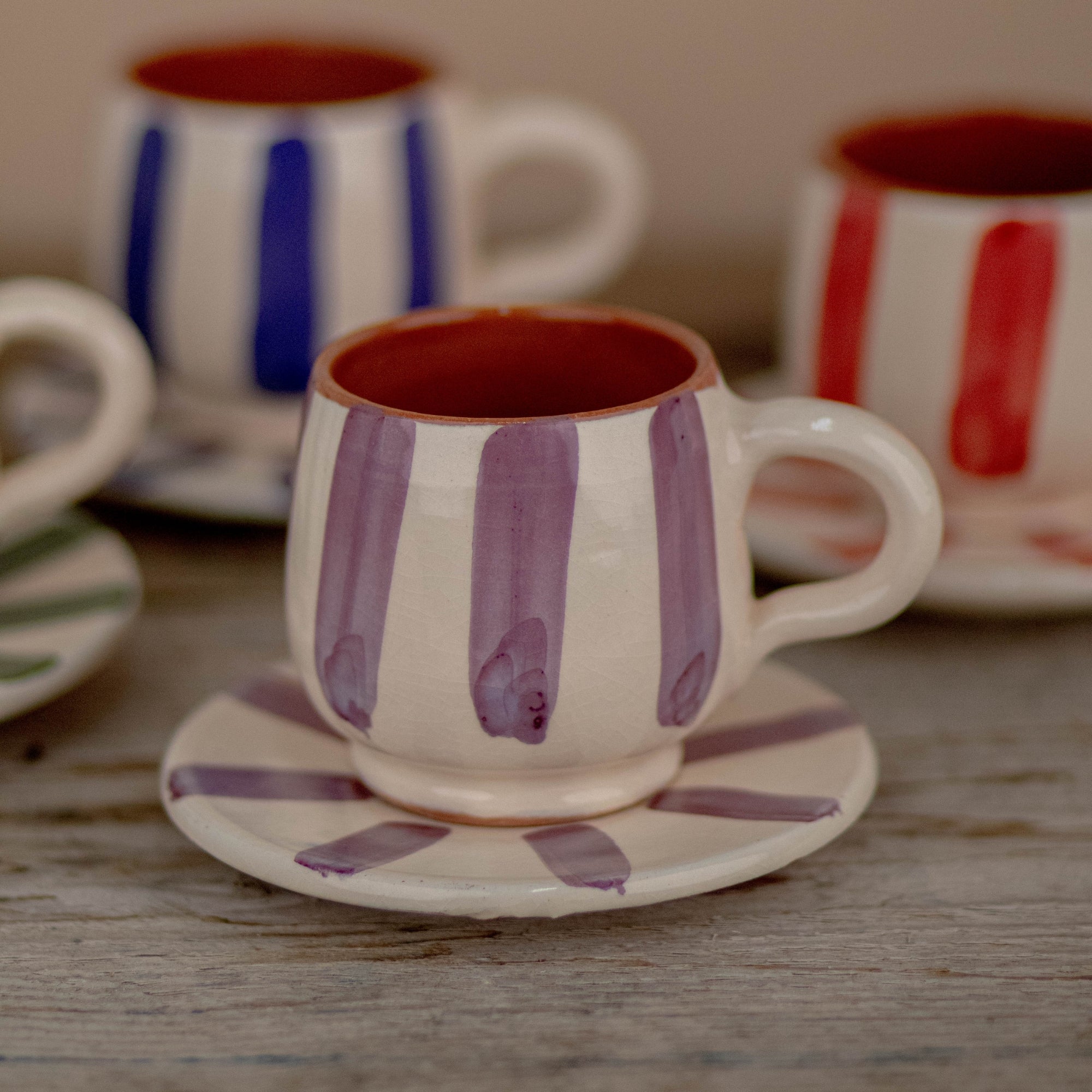 Handmade Striped Coffee Cup & Saucer - Purple