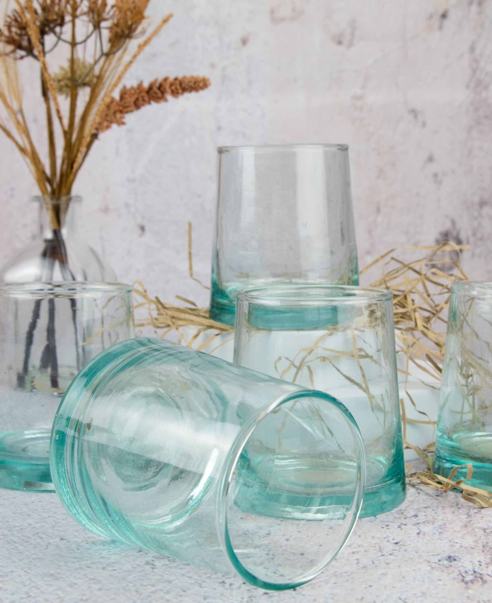 Set of 4 Recycled Moroccan Sustainable Tumbler Highball Glass - Handmade Beldi Handblown Clear Glass 
