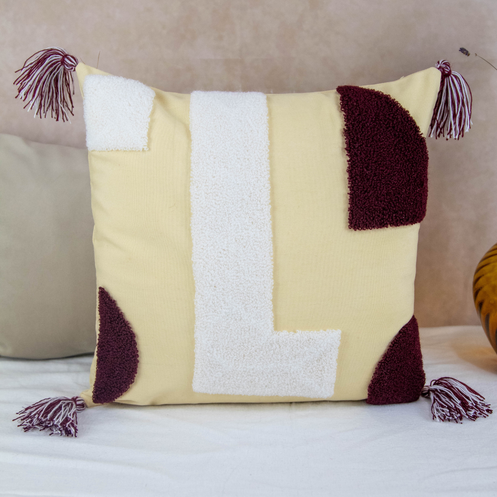 Embroidered Cushion Cover: Cream/White/Brown