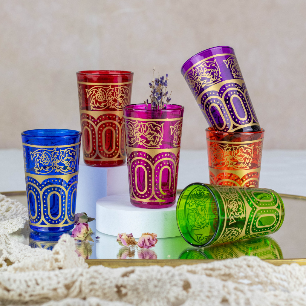 Moroccan Tea Glasses Multi Coloured Frosted Glass with Pattern Set of 6