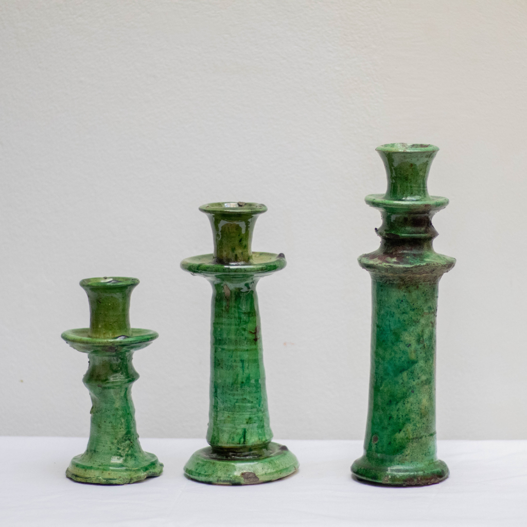 Handmade Moroccan Vintage Tamegroute Shaded Green Candlestick Set of 3