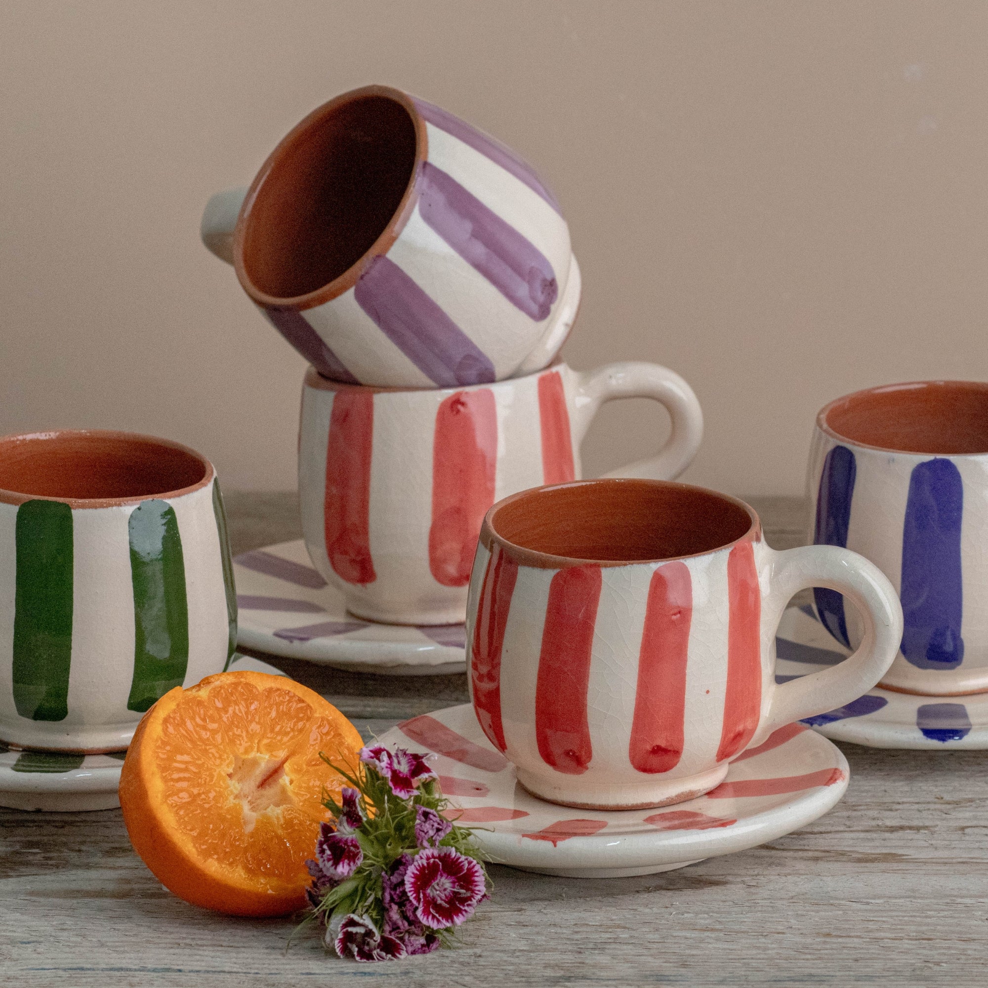 Handmade Striped Coffee Cup & Saucer - multi colors