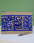 Moroccan Hand-Embroidered Hessian Clutch, Blue