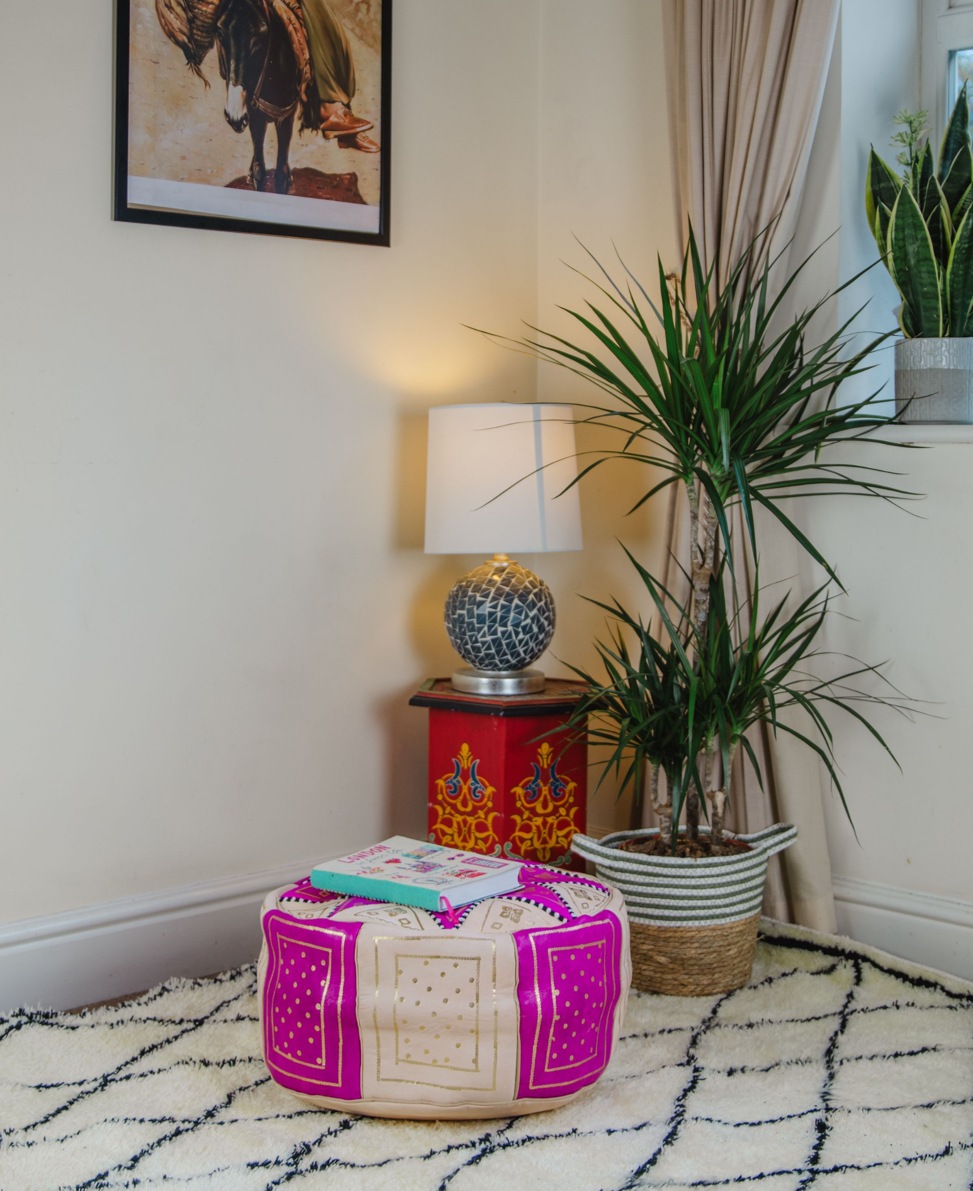 Moroccan Leather Pouffe in Fuchsia &amp; Gold -  Leather Poufe Ottoman Moroccan Floor Pouffs