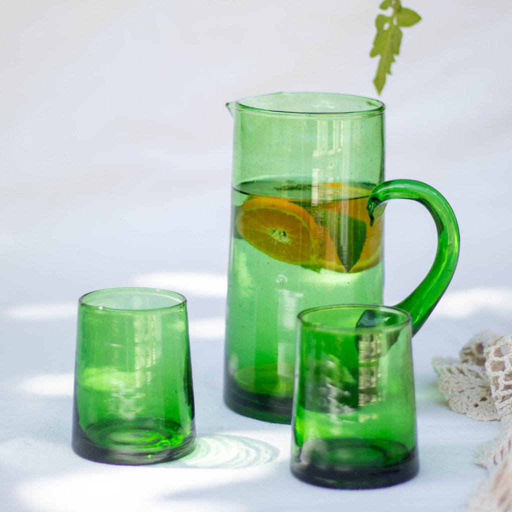 Set of 6 Recycled Moroccan Tumbler Highball Beldi Glass Green