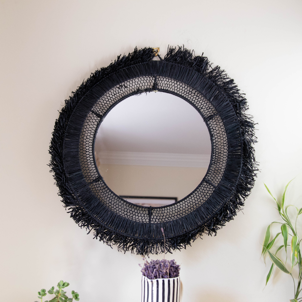 Bohemian Moroccan Handcrafted Wall Mirror: Round - Black Raffia