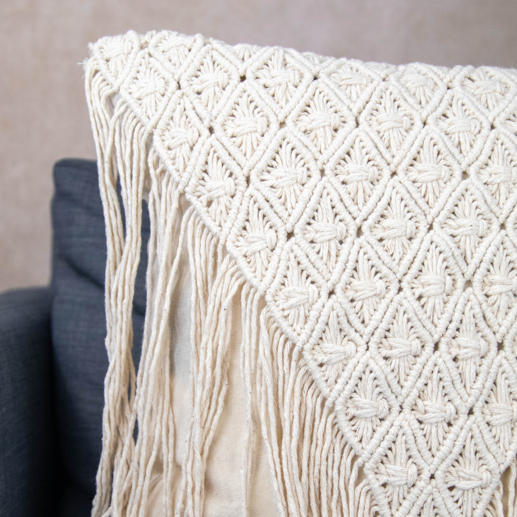 Handmade Boho Macrame Cushion Cover: White with Fringe