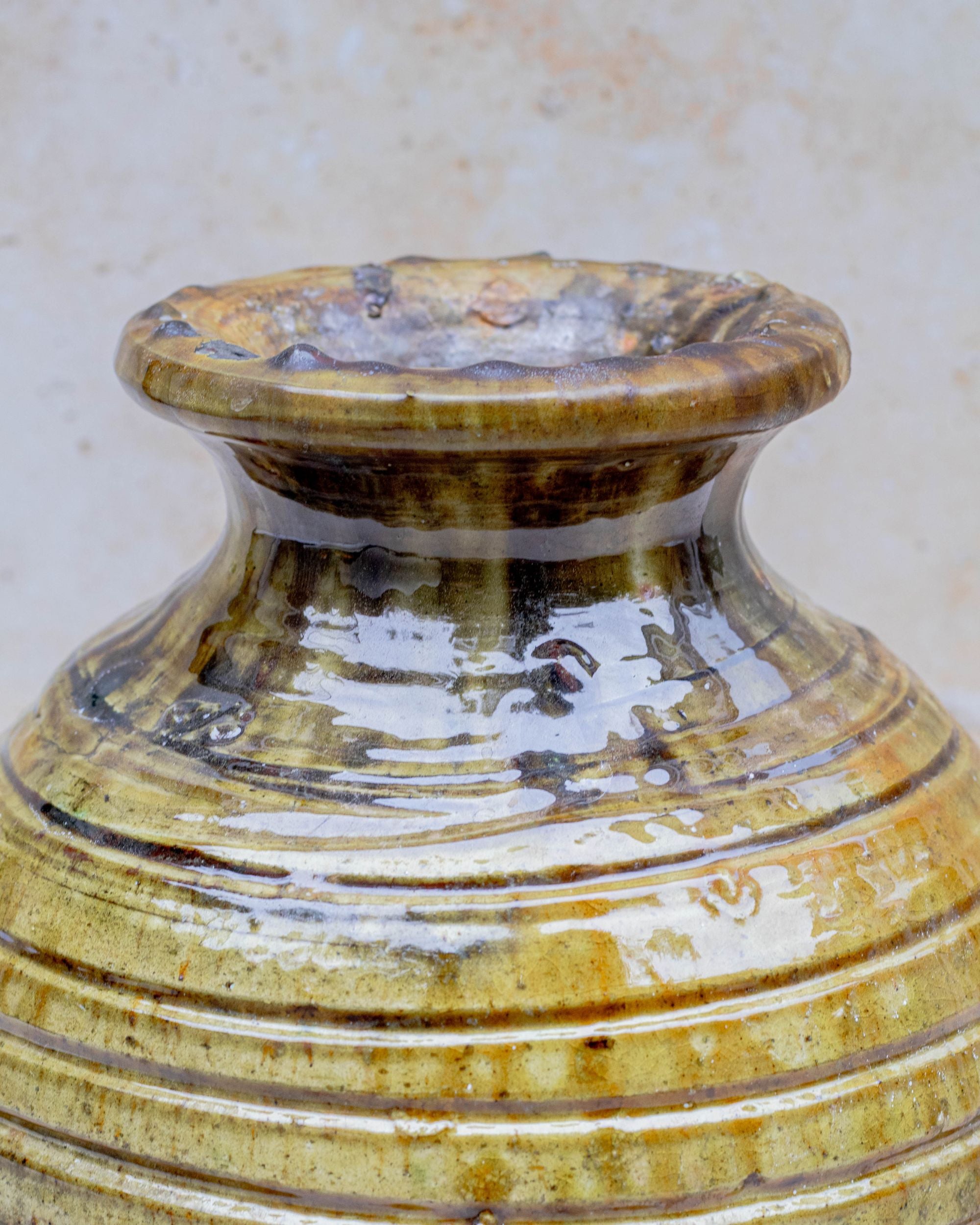 Close-up of handmade glaze texture and ribbed surface