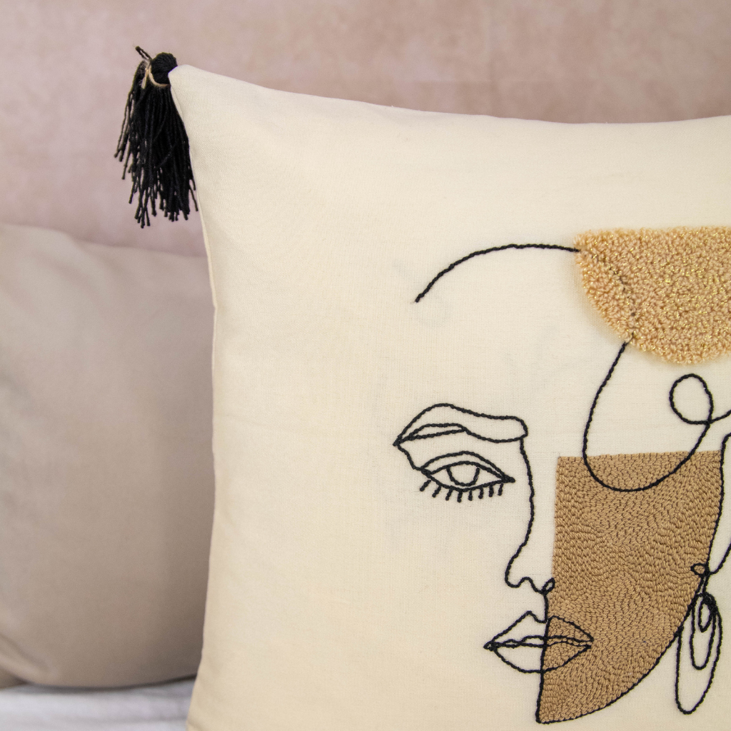 Embroidered Cushion Cover - Beige