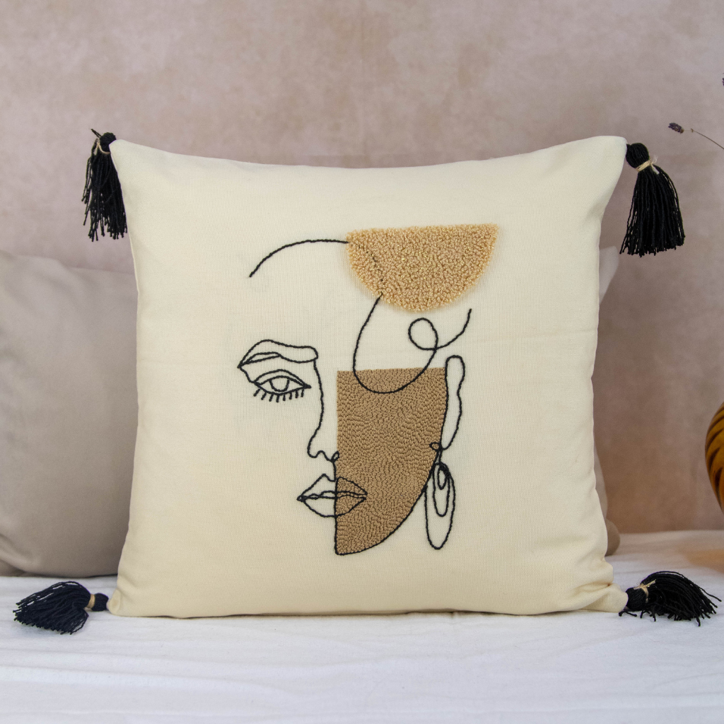 Embroidered Cushion Cover - Beige