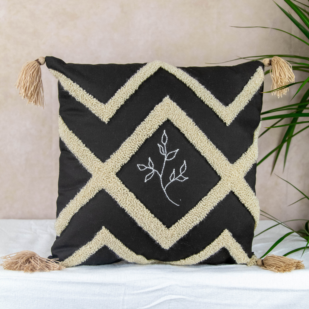 Hand-Stitched Embroidered Cushion Cover: Black/Cream