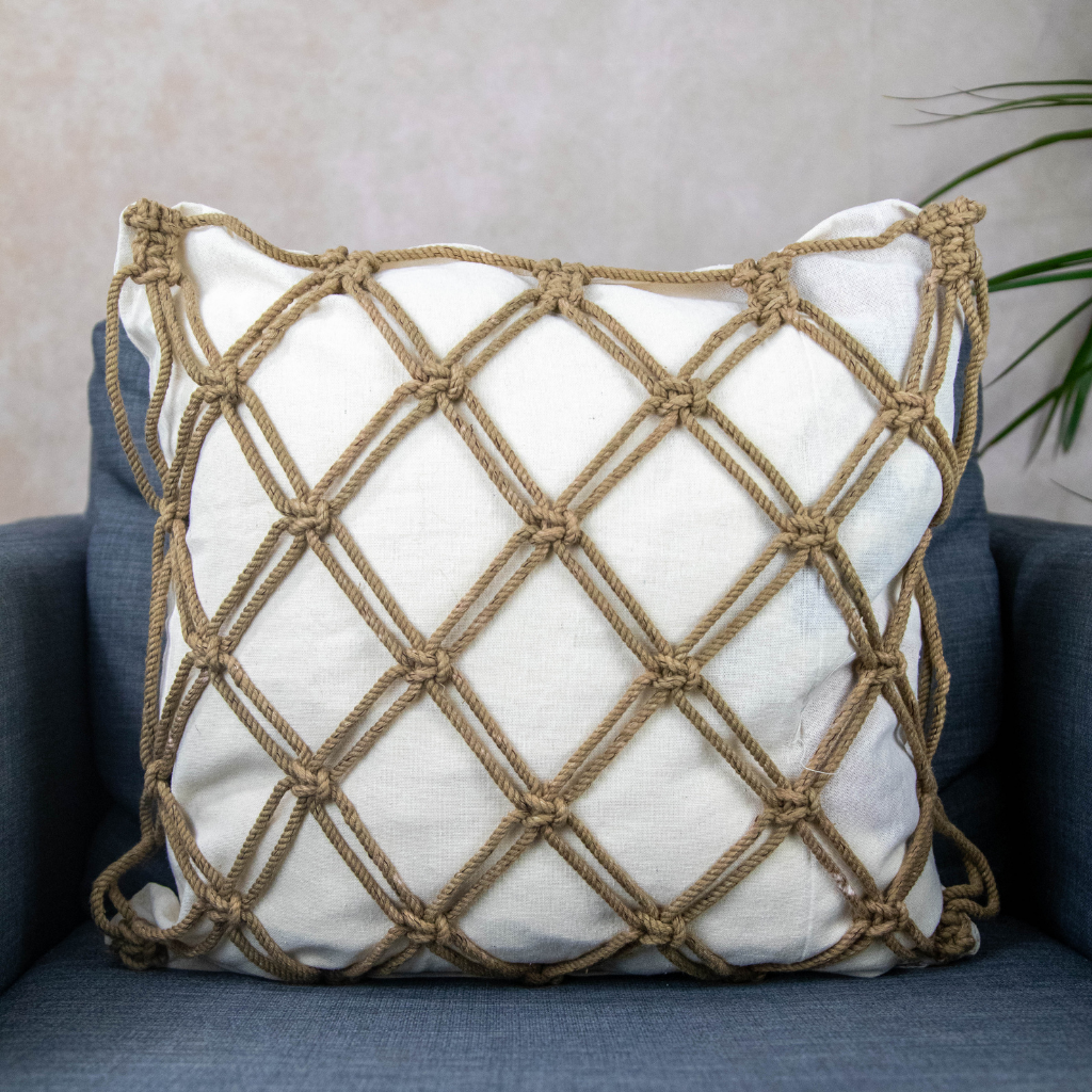 Handmade Boho Macrame Cushion Cover: Cream/Beige