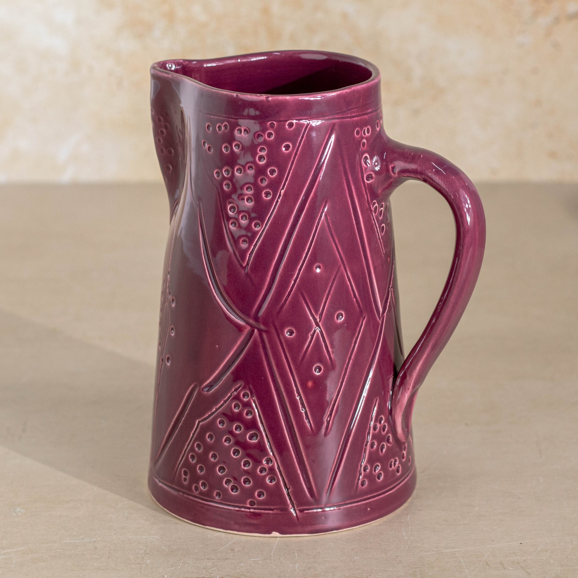 Handmade Moroccan Carved Pitcher - Burgundy
