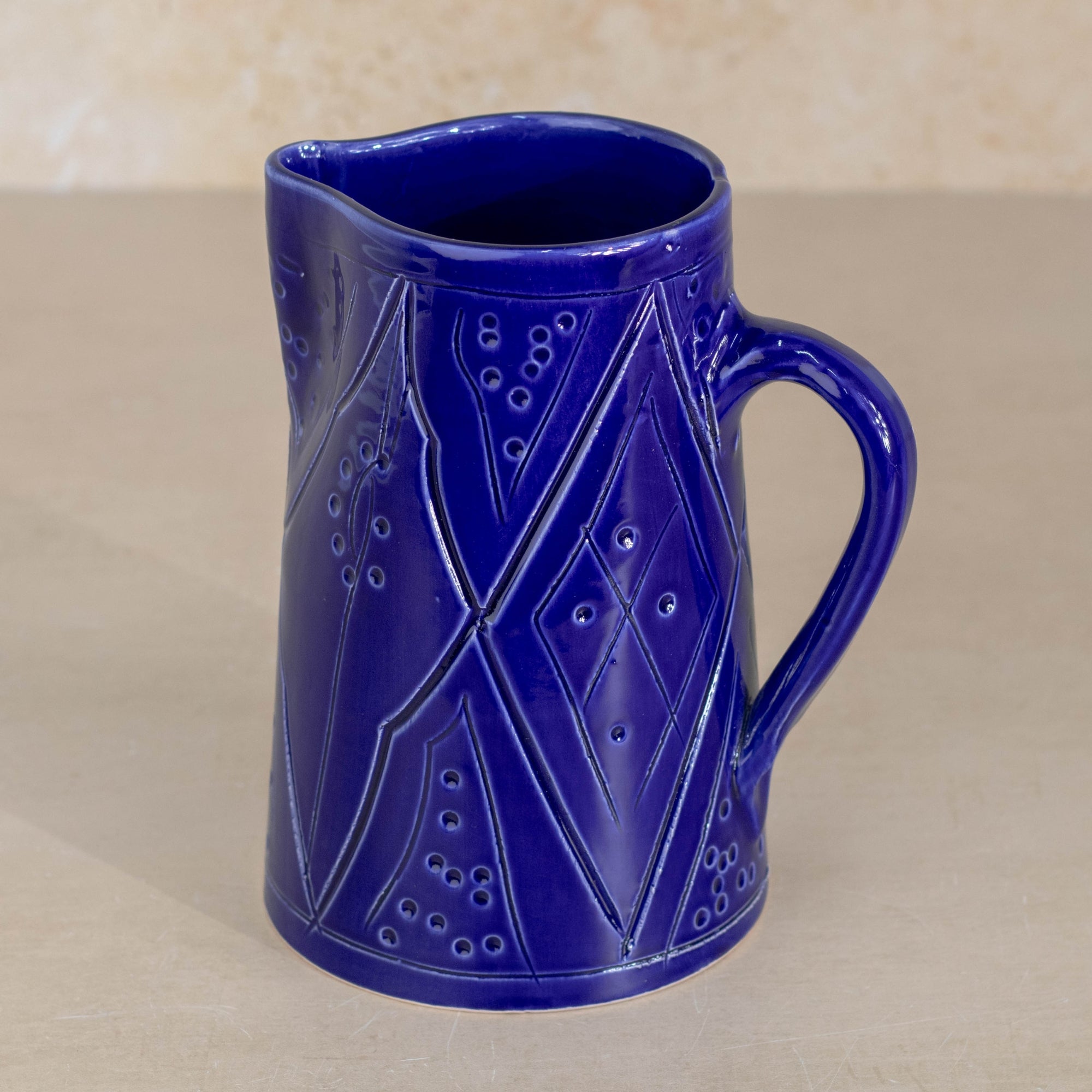 Handmade Moroccan Carved Pitcher - Cobalt Blue