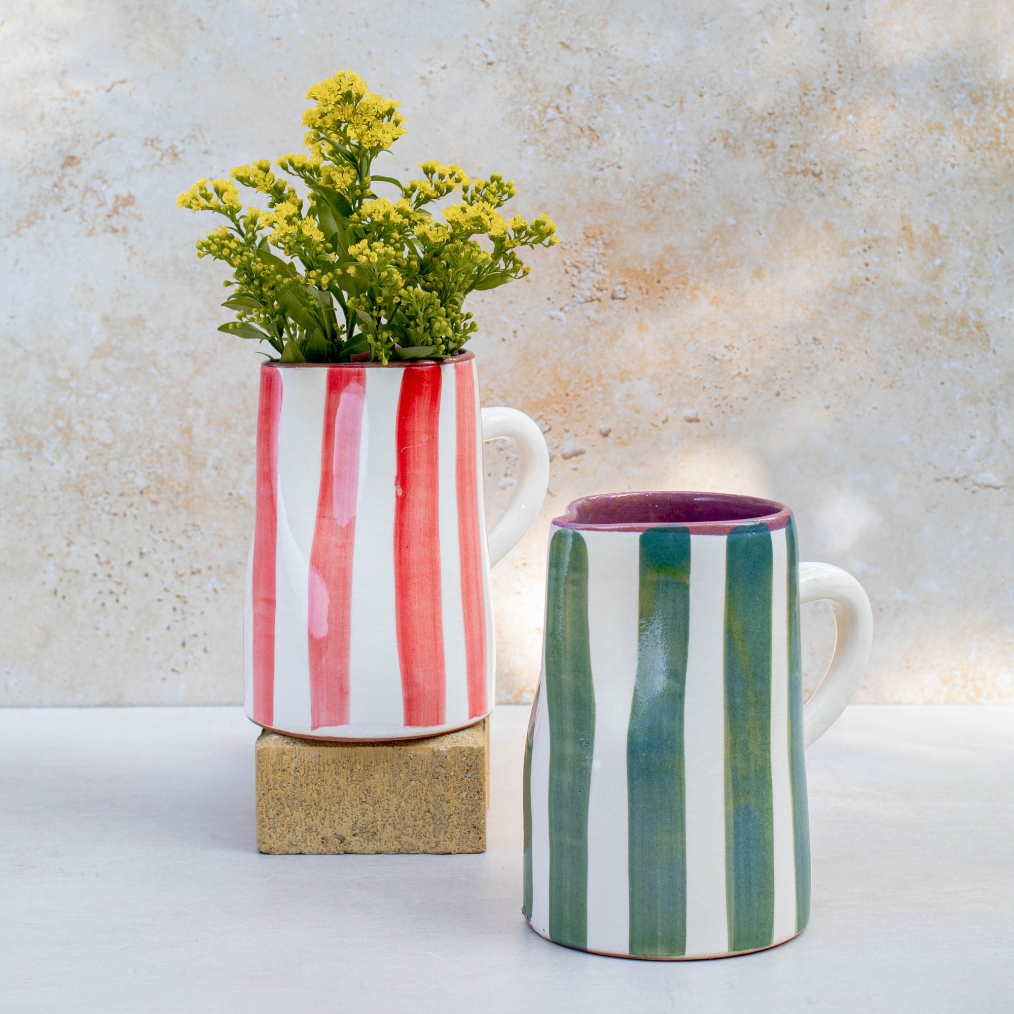 Handmade Striped Ceramic Pitcher - Green