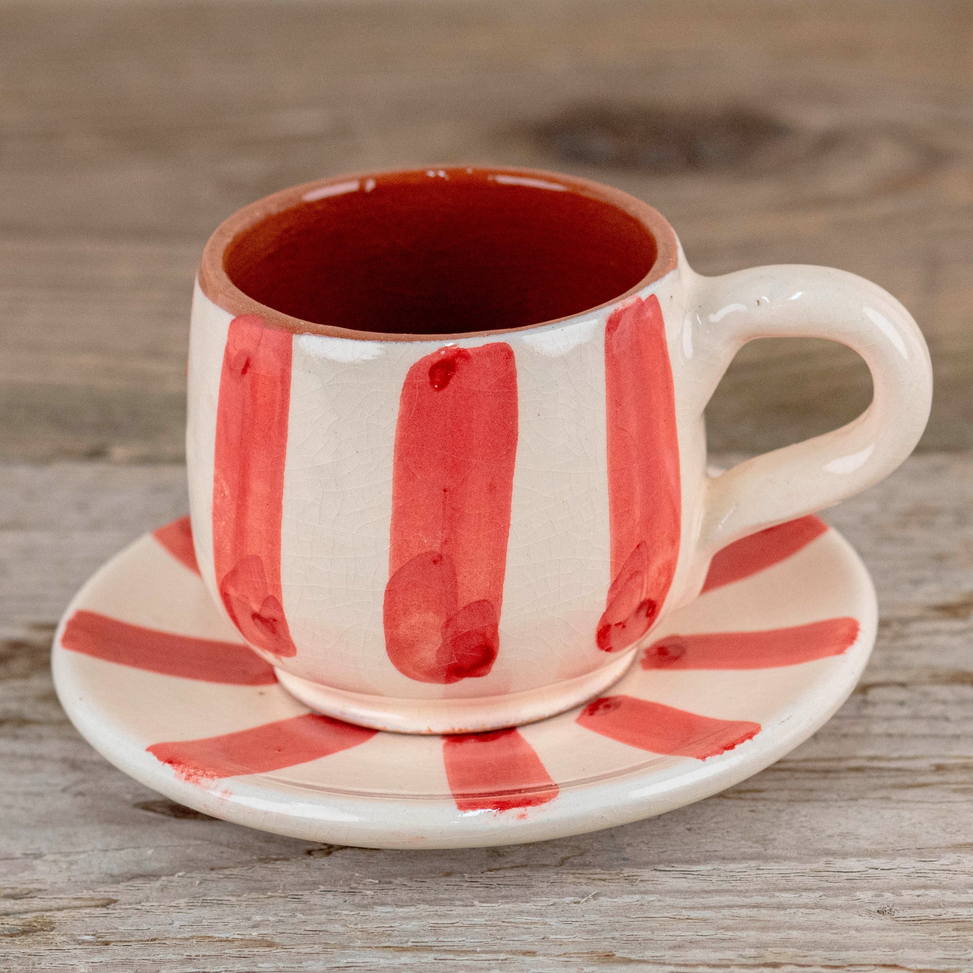 Handmade Striped Coffee Cup & Saucer - Red