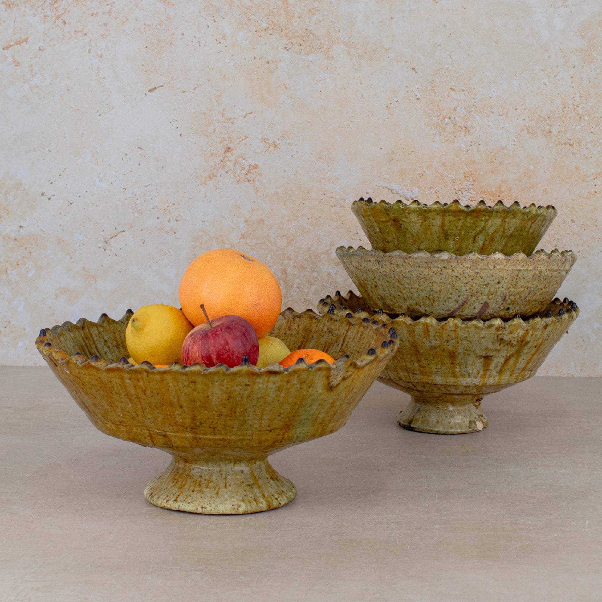 Handmade Tamegroute Pottery Pedestal Bowl - Ochre
