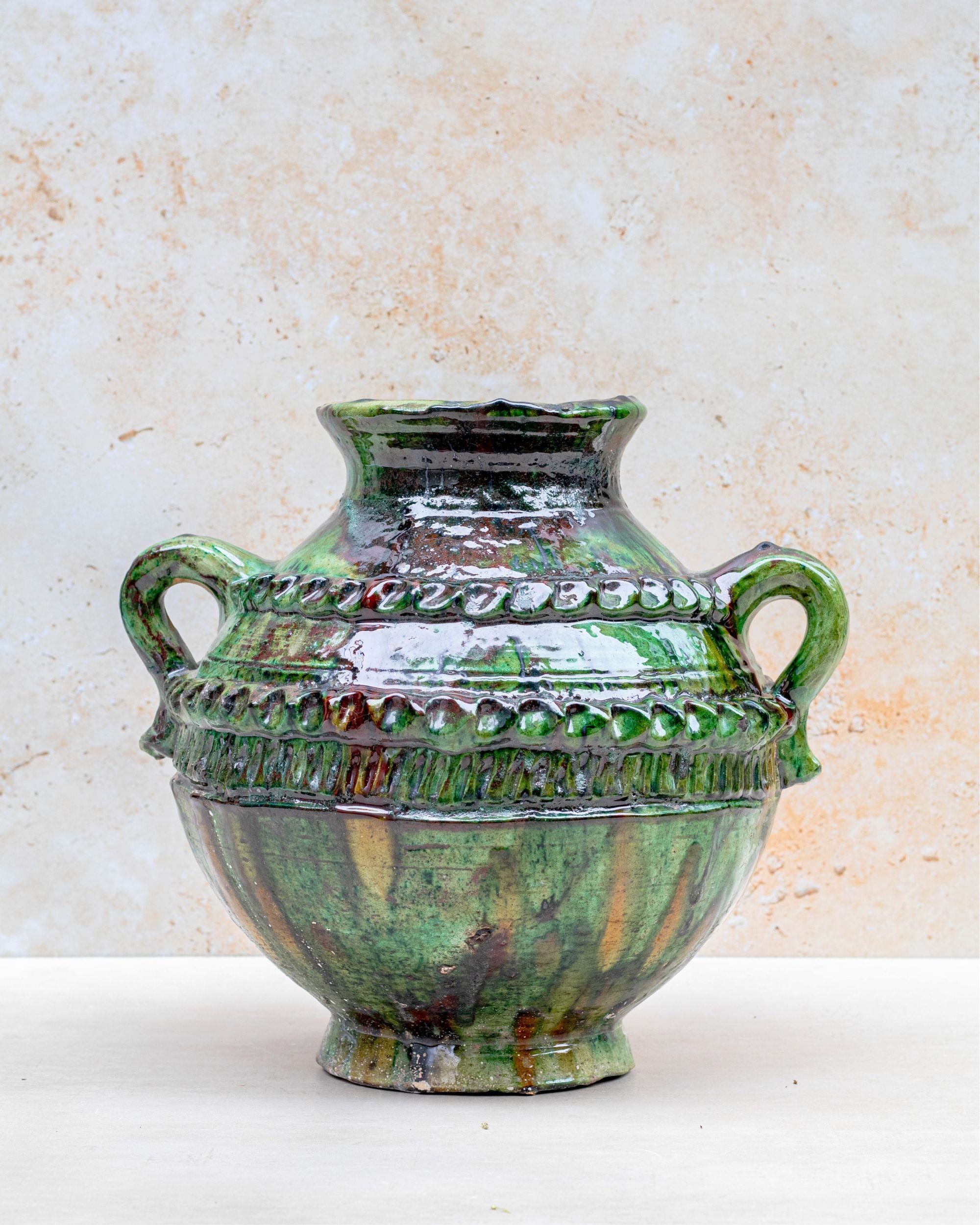 Handmade Tamegroute green relief vase with twin handles — 30 cm