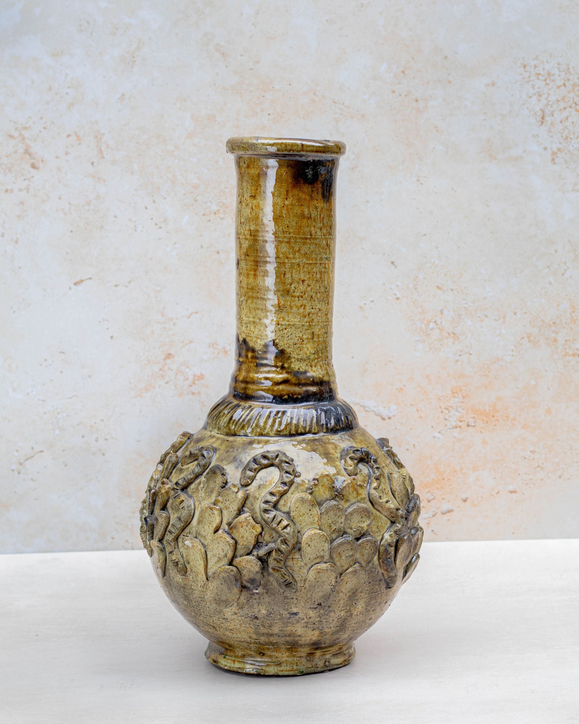 Handmade Tamegroute serpent vase in ochre glaze