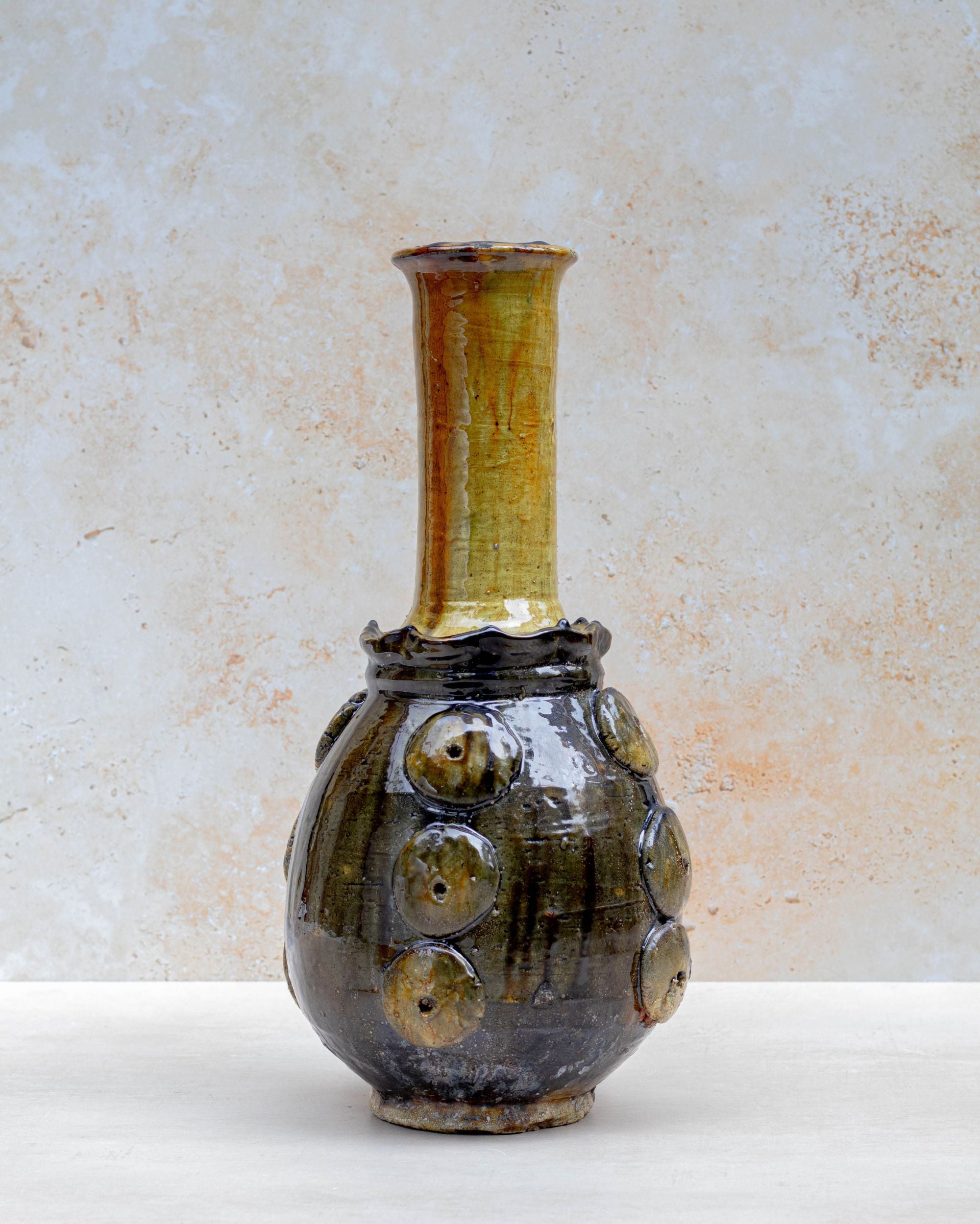Handmade Tamegroute textured vase in ochre and brown — 40 cm