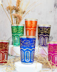 Moroccan Tea Glasses Multi Coloured Frosted Glass with Pattern Set of 6