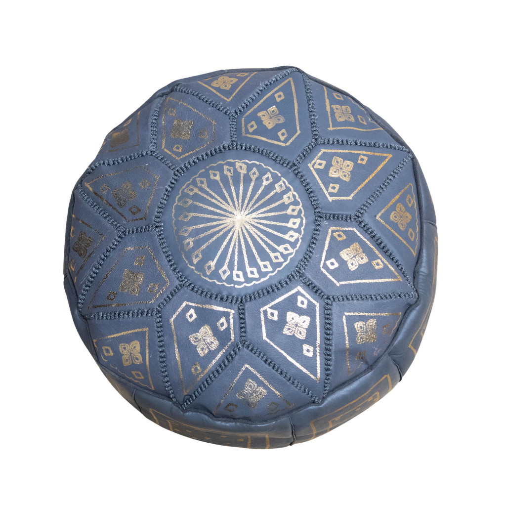 Moroccan Leather Floor Pouffe/Ottoman: Grey &amp; Gold