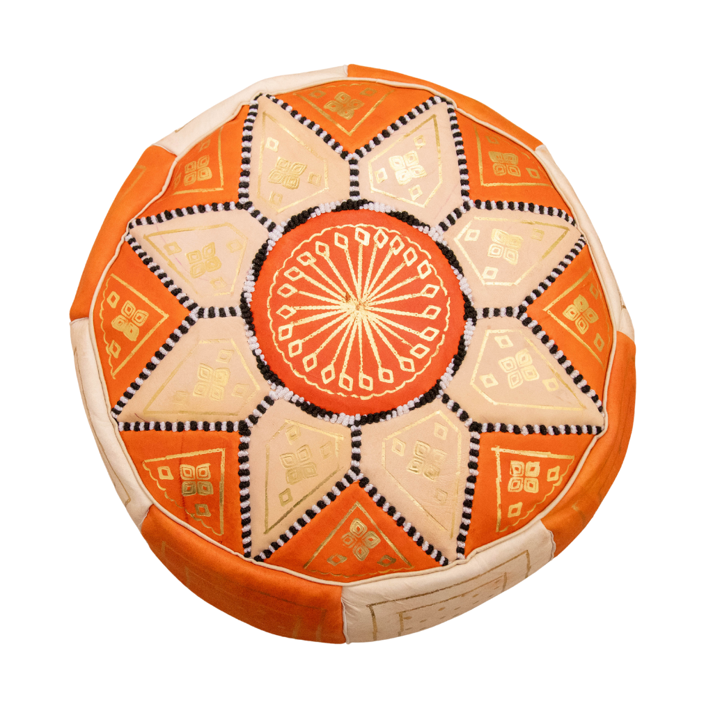 Moroccan Leather Floor Pouffe/Ottoman: Orange & Gold