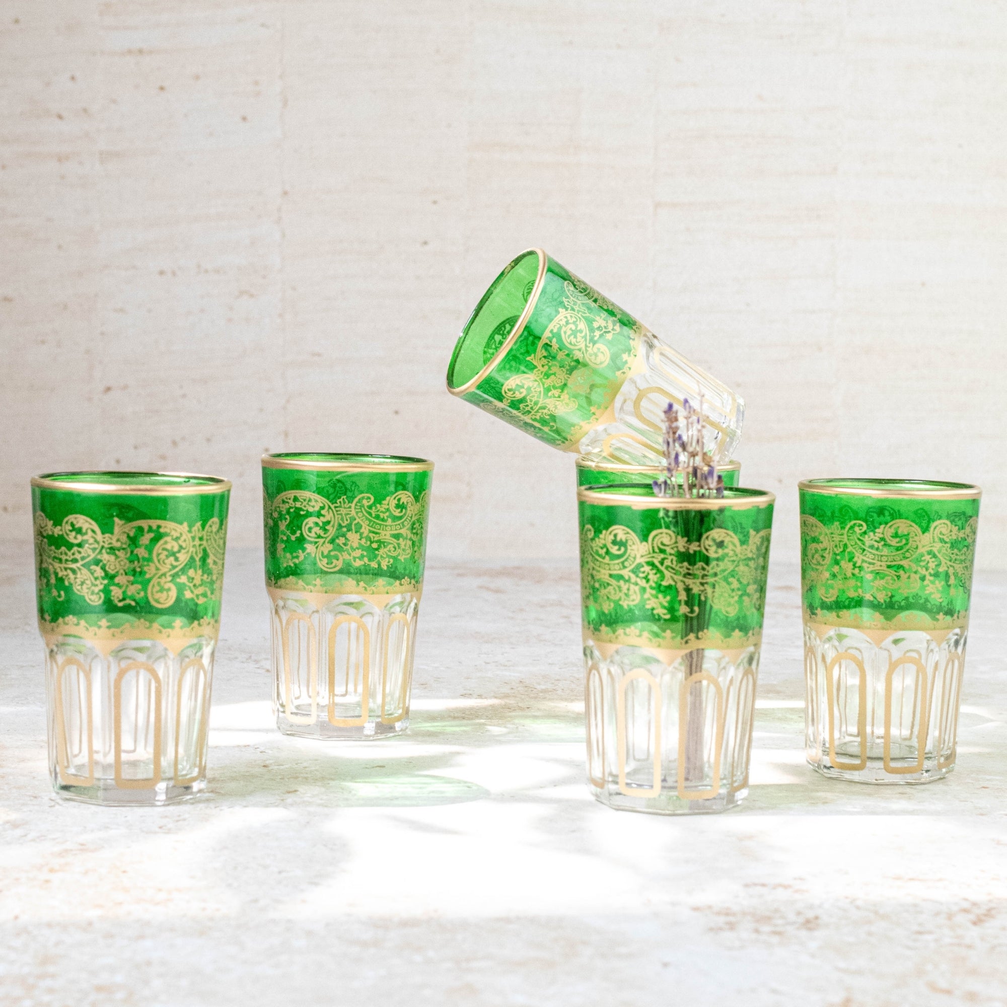 Moroccan Tea Glasses – Emerald Green & Gold Set of 6