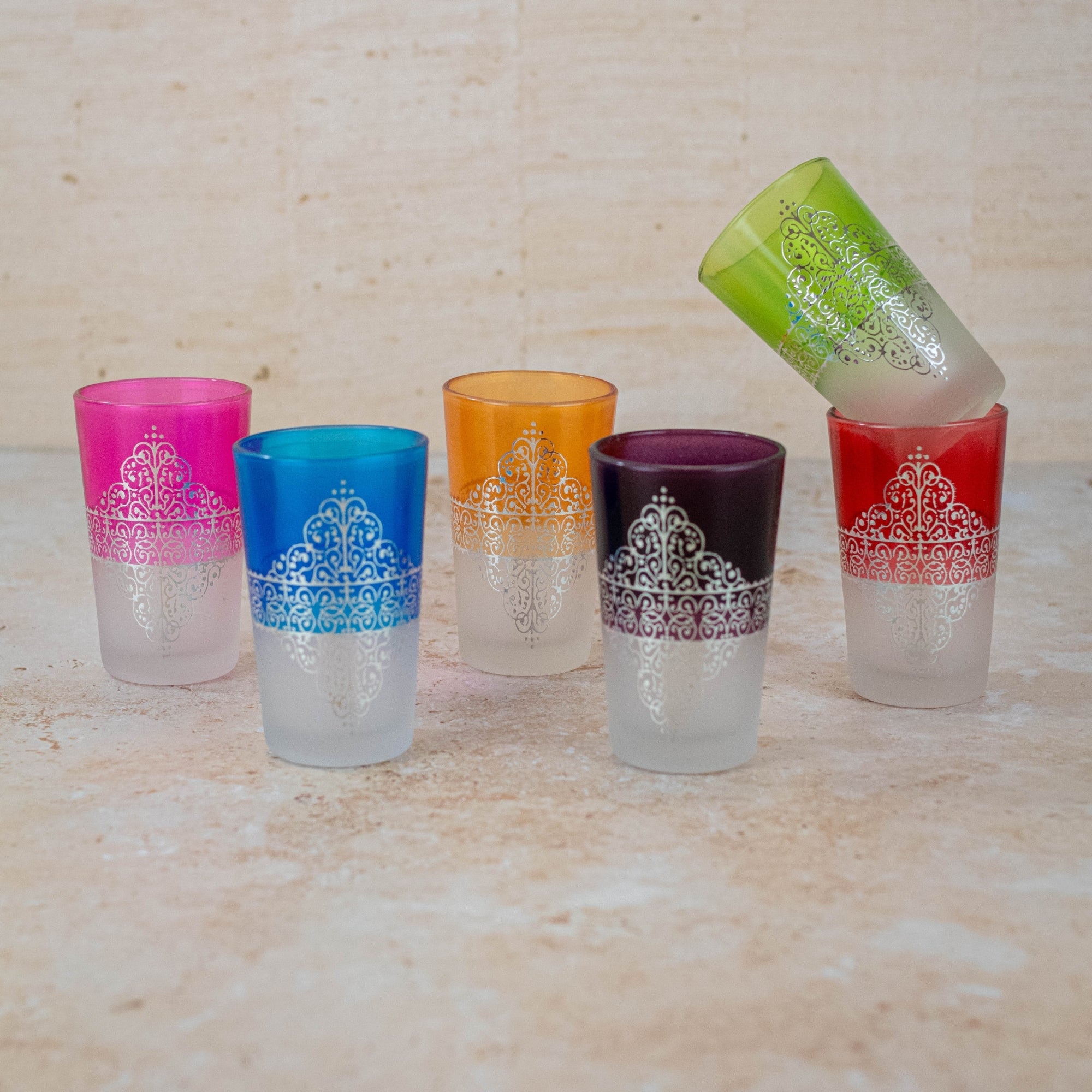 Moroccan Tea Glasses – Frosted Multicolour Set of 6