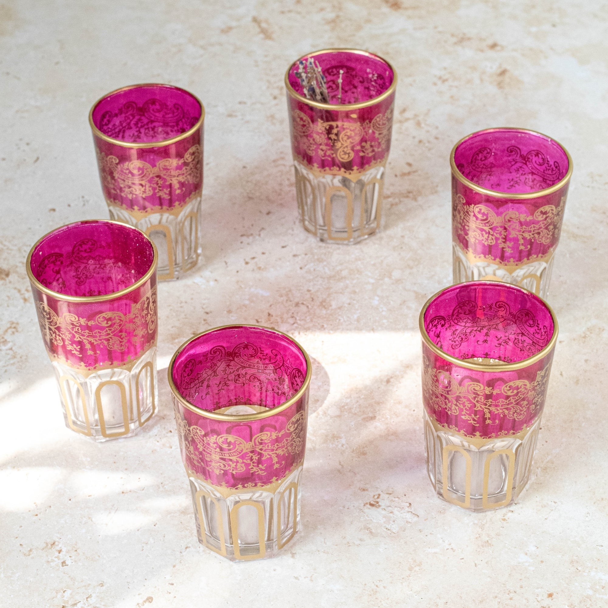 Moroccan Tea Glasses – Fuchsia Pink & Gold Set of 6