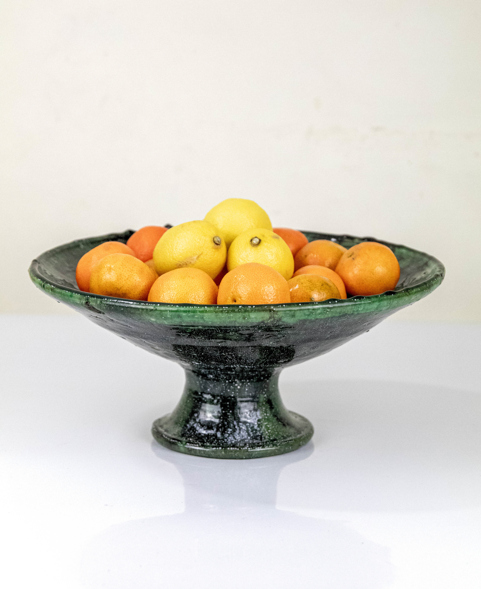 Large Moroccan Vintage Green Glazed Pedestal Fruit Bowl