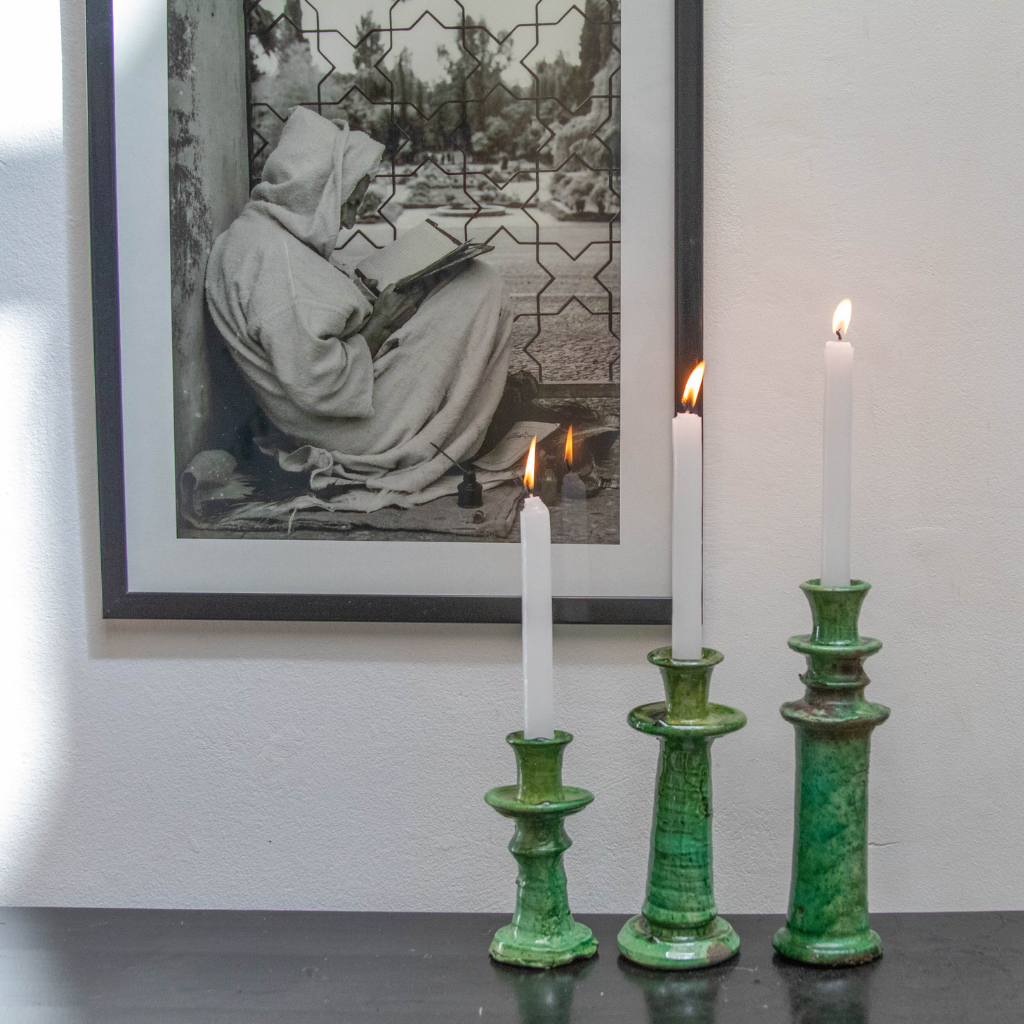 Handmade Moroccan Vintage Tamegroute Shaded Green Candlestick Set of 3