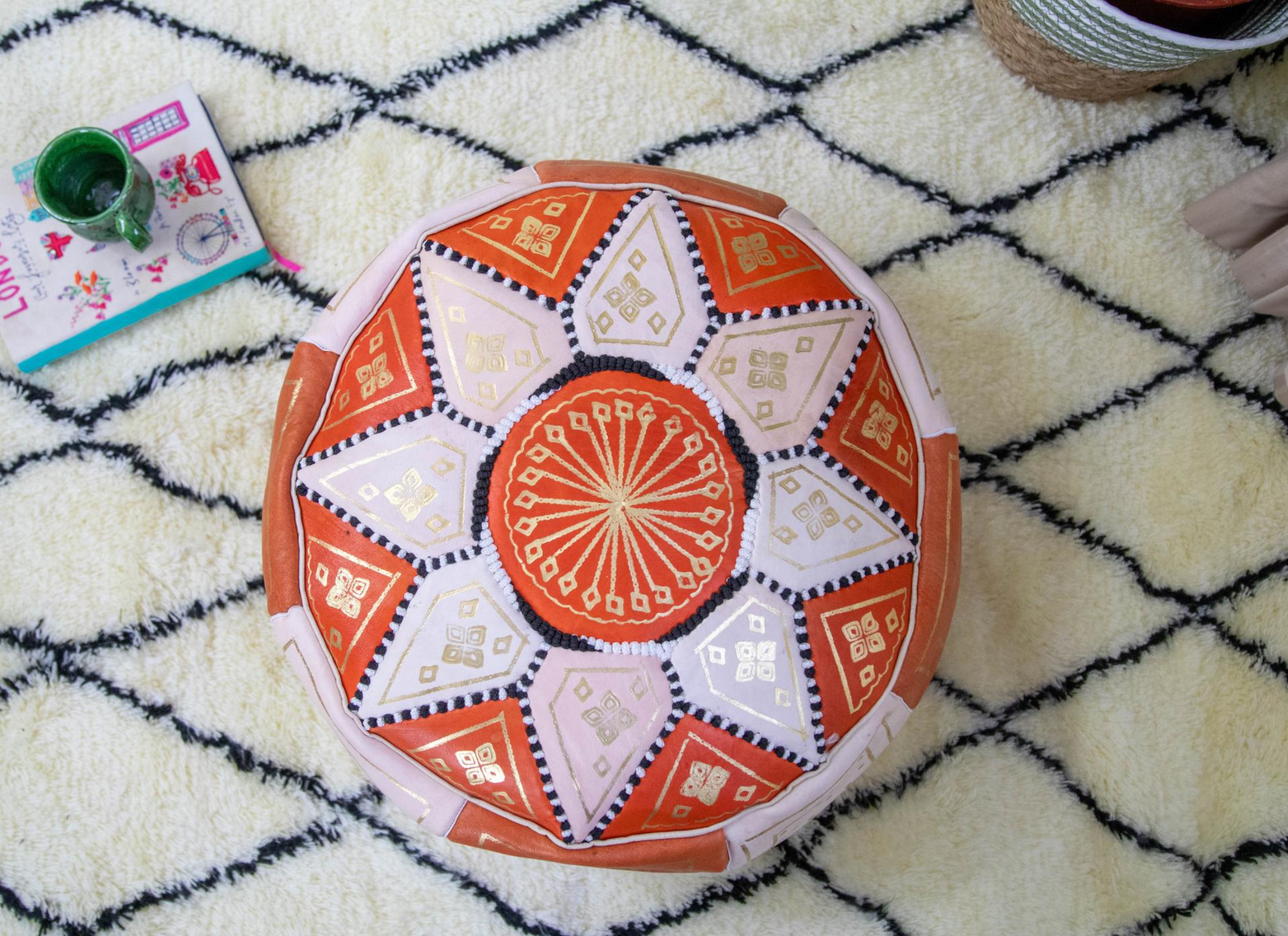 Moroccan Leather Pouf in Orange &amp; Gold - Leather Poufe Ottoman