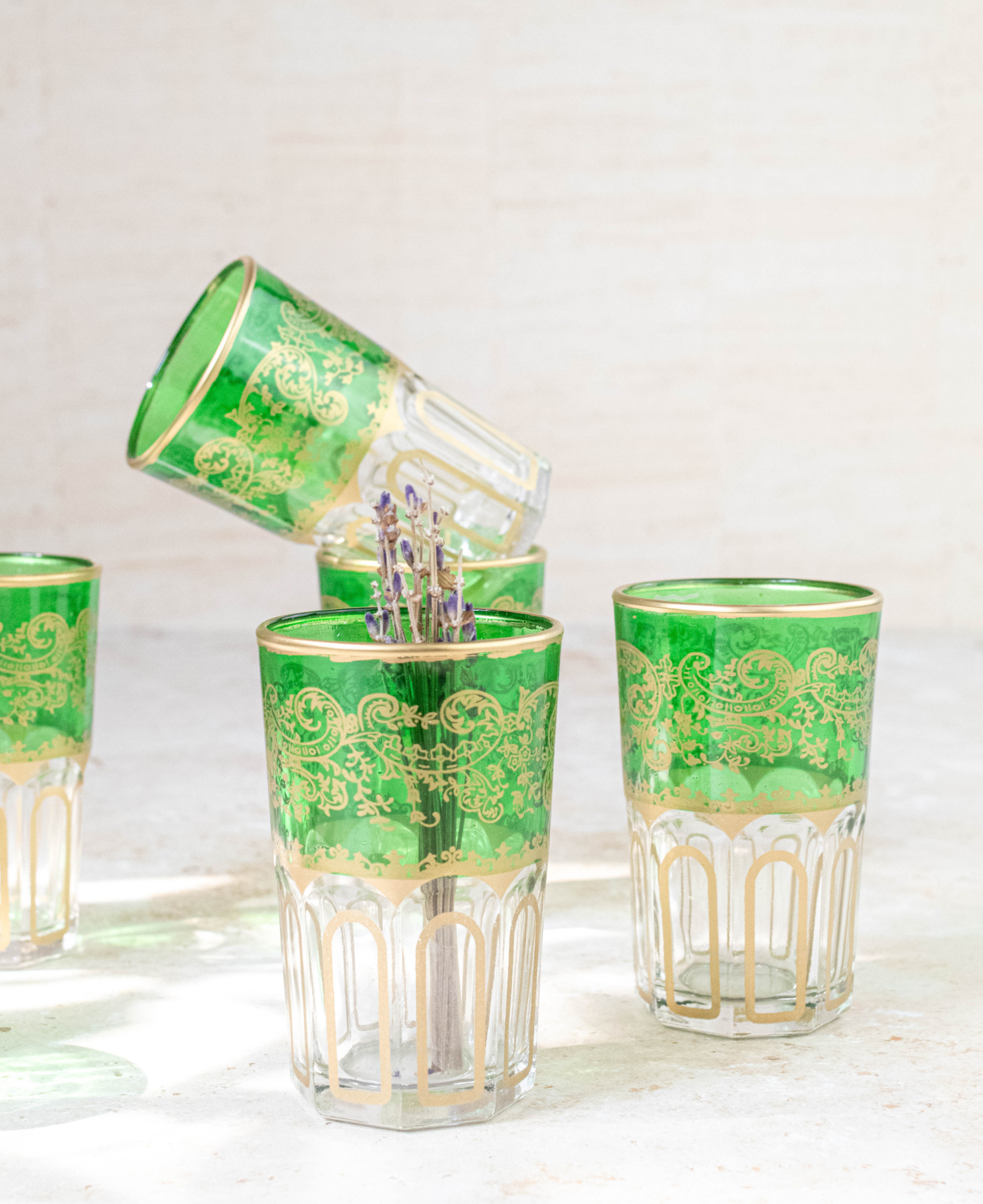 Set of 6 Handcrafted Green Moroccan Tea Glasses
