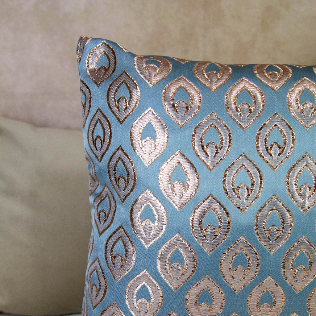 Sky Blue Cushion Cover with Metallic Beige Pattern