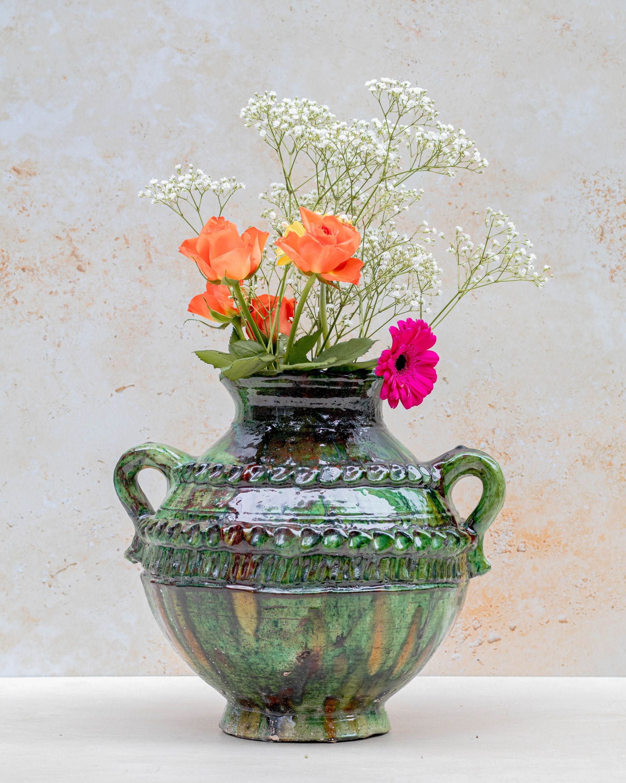 Tamegroute Handled Vase in Green Relief — 30 cm | Maison Berber