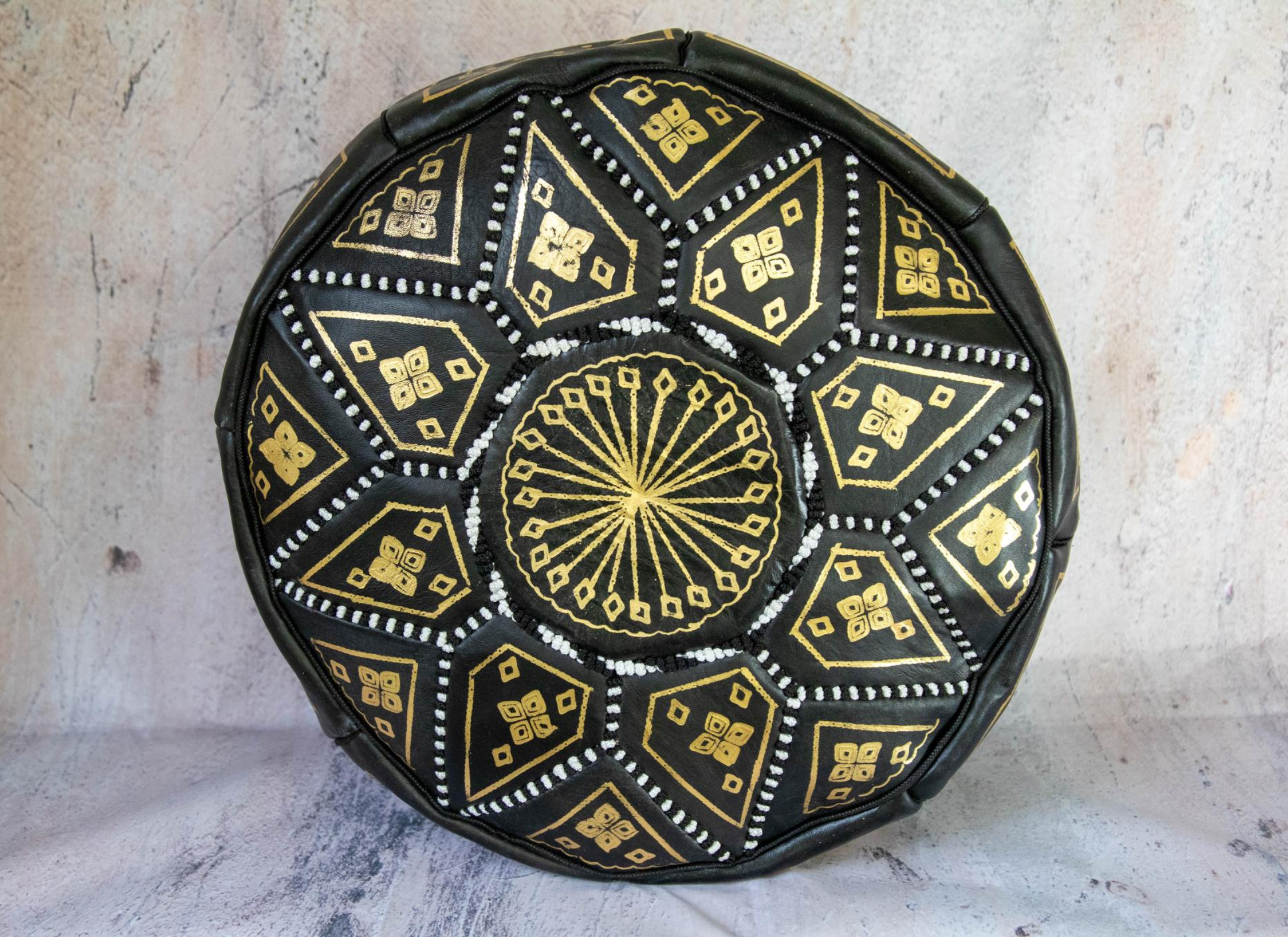 Moroccan Leather Pouf in Black & Gold